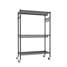 Heavy Duty Rolling Clothes Rack, Metal Garment Rack with 3 Adjustable Shelves, 2 Hanging Rods & Side Hooks, Mobile Clothing Storage Organizer with Loc