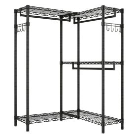 L Shaped Garment Rack, Heavy Duty Carbon Steel Clothes Rack with Adjustable Shelves & 3 Hanging Rods, Convertible Corner Clothing Rack for Bedroom Clo