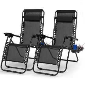 2Packs Zero Gravity Lounge Chair w/ Dual Side Tray 330lbs Load Foldable Recliner Chair w/ Stress Relief Pillow Patio Poolside Beach Lying Chair (Option: Blac)