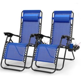2Packs Zero Gravity Lounge Chair w/ Dual Side Tray 330lbs Load Foldable Recliner Chair w/ Stress Relief Pillow Patio Poolside Beach Lying Chair (Option: Blu)