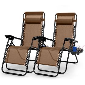2Packs Zero Gravity Lounge Chair w/ Dual Side Tray 330lbs Load Foldable Recliner Chair w/ Stress Relief Pillow Patio Poolside Beach Lying Chair (Option: Brow)