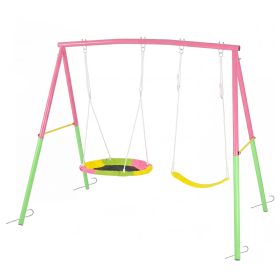 Swing Set for Backyard, 330lbs Swing Set with Heavy-Duty A-Frame Metal Outdoor Swing Stand, 1 Saucer Swing Seat & 1 Belt Swings Seat (Option: Pink_Steel)
