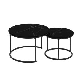 27.56in Nesting Coffee Table Set of 2 Round Coffee Tables with Marble Pattern MDF Top Metal Frame Space Saving Nesting End Tables 120LBS Max Load for (Option: Black_Black)