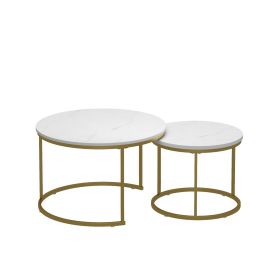 27.56in Nesting Coffee Table Set of 2 Round Coffee Tables with Marble Pattern MDF Top Metal Frame Space Saving Nesting End Tables 120LBS Max Load for (Option: White_Gold)
