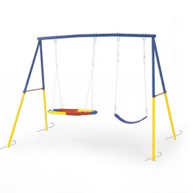 Swing Set for Backyard, 330lbs Swing Set with Heavy-Duty A-Frame Metal Outdoor Swing Stand, 1 Saucer Swing Seat & 1 Belt Swings Seat (Option: Blue_Metal)