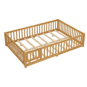 Queen Size Montessori Floor Bed with Safety Guardrails and Lockable Door, Low Profile Wooden Floor Bed Frame for Kids Pine Wood Toddler Bed with Remov (Option: Natural_Queen)