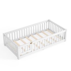 Twin Size Montessori Floor Bed with Safety Guardrails and Lockable Door, Low Profile Wooden Floor Bed Frame for Kids Pine Wood Toddler Bed with Remova (Option: White_Twin)