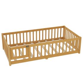 Twin Size Montessori Floor Bed with Safety Guardrails and Lockable Door, Low Profile Wooden Floor Bed Frame for Kids Pine Wood Toddler Bed with Remova (Option: Natural_Twin)