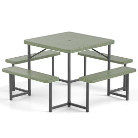 Outdoor Square Picnic Table Bench Set for 4-8 People with Umbrella Hole (Color: green)